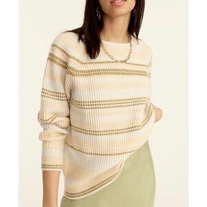 J Crew 100% Cashmere Striped Crewneck Sweater Size S Peach Gold White